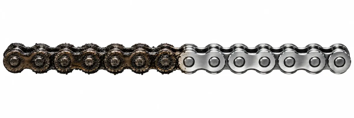 Motorrad Kettenservice: verschmutzte Motorradkette im Vergleich zur gereinigten, gefetteten und gespannten Kette