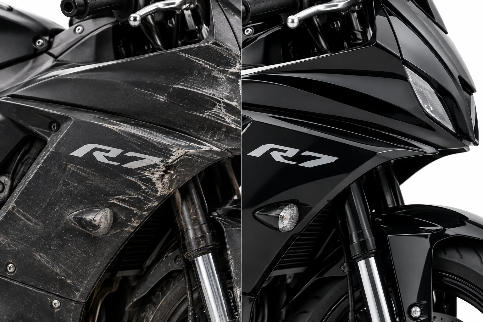Motorrad Smart Repair und Unfallaufbereitung: beschädigte Yamaha R7 Verkleidung im Vorher-Nachher-Vergleich nach professioneller Instandsetzung